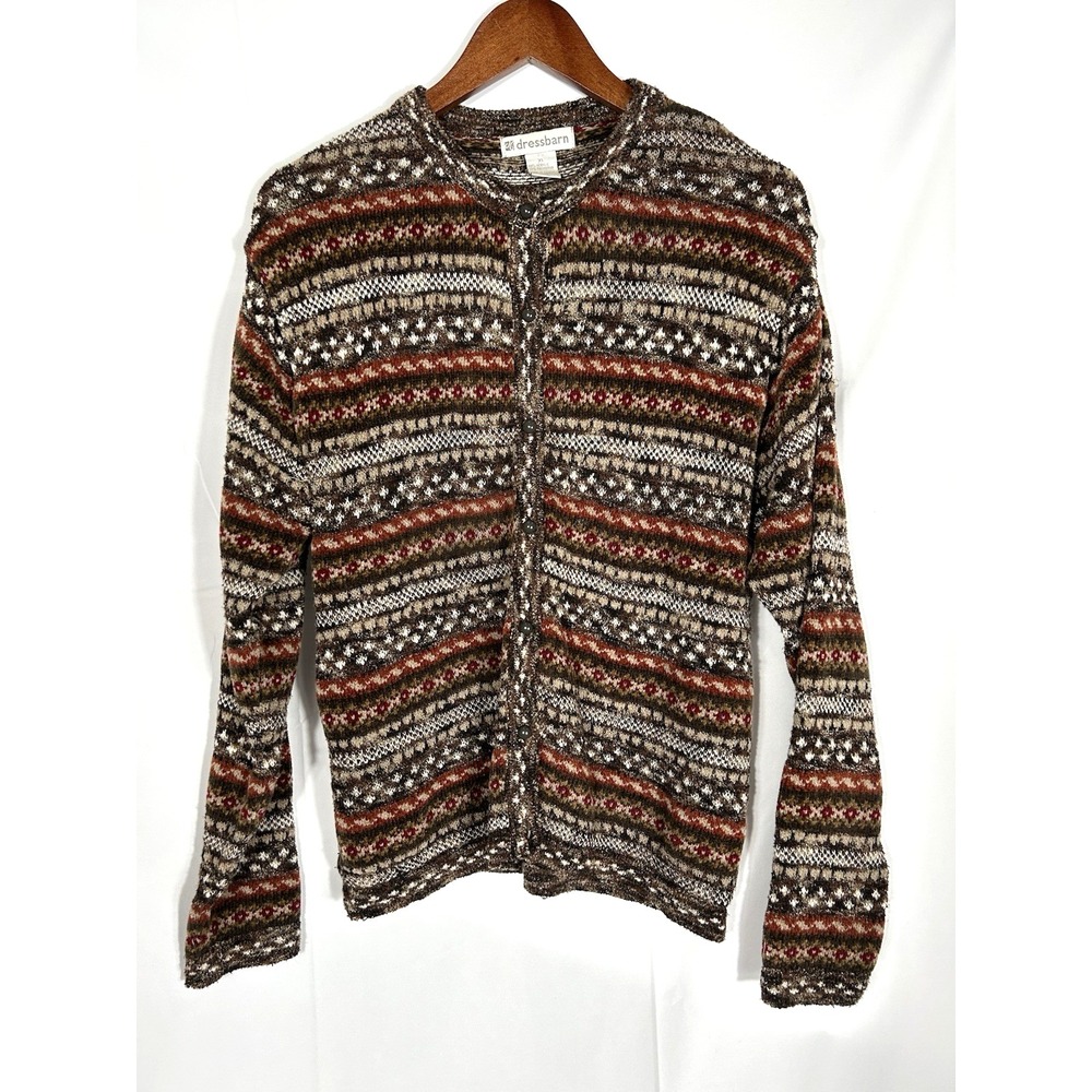 Dressbarn Womens Button Cardigan Size XL Brown Boho Faire Isle Y2K Cottagecore